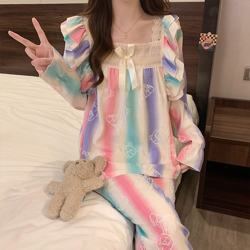 Al por mayor transfronterizo de otoño de mangas largas de encaje cuello cuadrado pijama de mujer dulce cómodo simple cubierta de ropa de algodón para el hogar