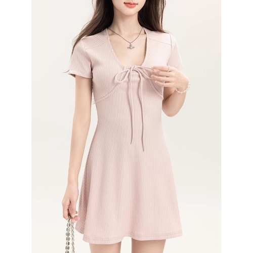 French U-neck solid color patchwork bow tie knitted short skirt 2025 summer short skirt temperament dress