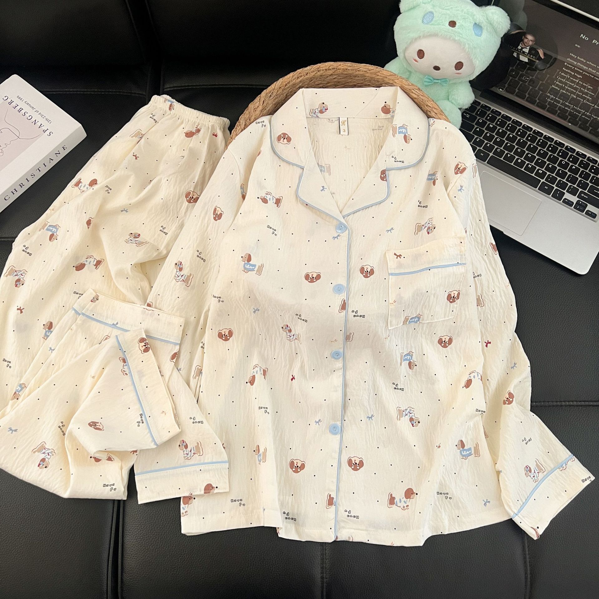 Al por mayor transfronterizo 2026 nuevo pijama de primavera y verano de mujeres nubes de algodón cardigan con solapa ropa de dibujos animados para el hogar mangas largas pantalones largos
