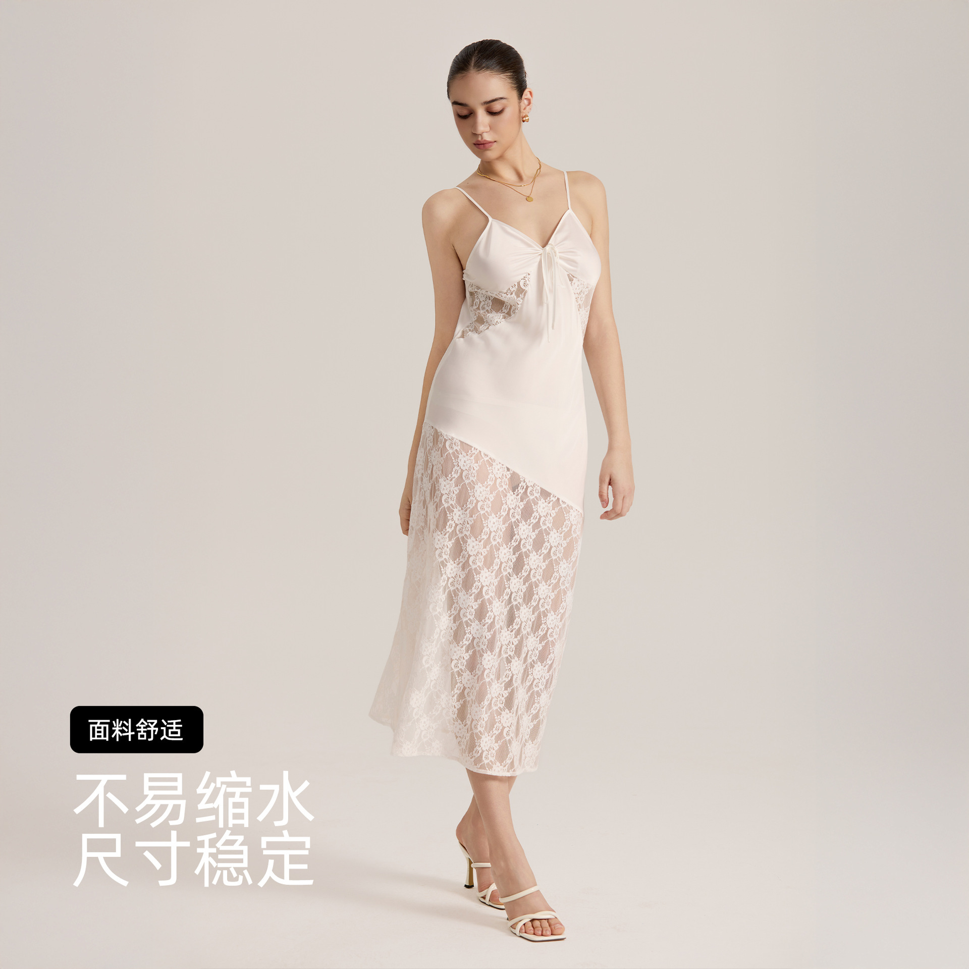 Europa y los Estados Unidos transfronterizos nuevos semi-permeables encaje satin empalmado esling vestido de dormir pura ropa de verano para mujeres SQ3909