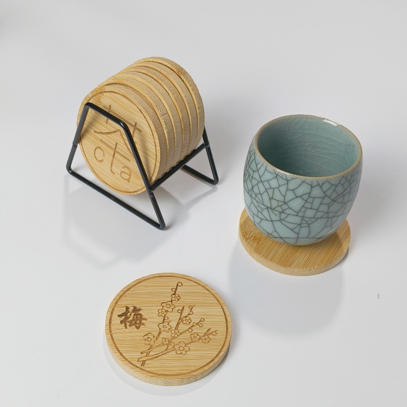 小号圆形茶杯垫竹制桌面隔热垫日式茶具杯托架咖啡水杯垫底座LOGO