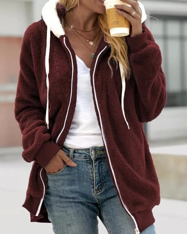 Dameskleding jas herfst en winter hot sale eenvoudig losse pluche rits capuchon jas dames nieuwe stijl_voghion.com
