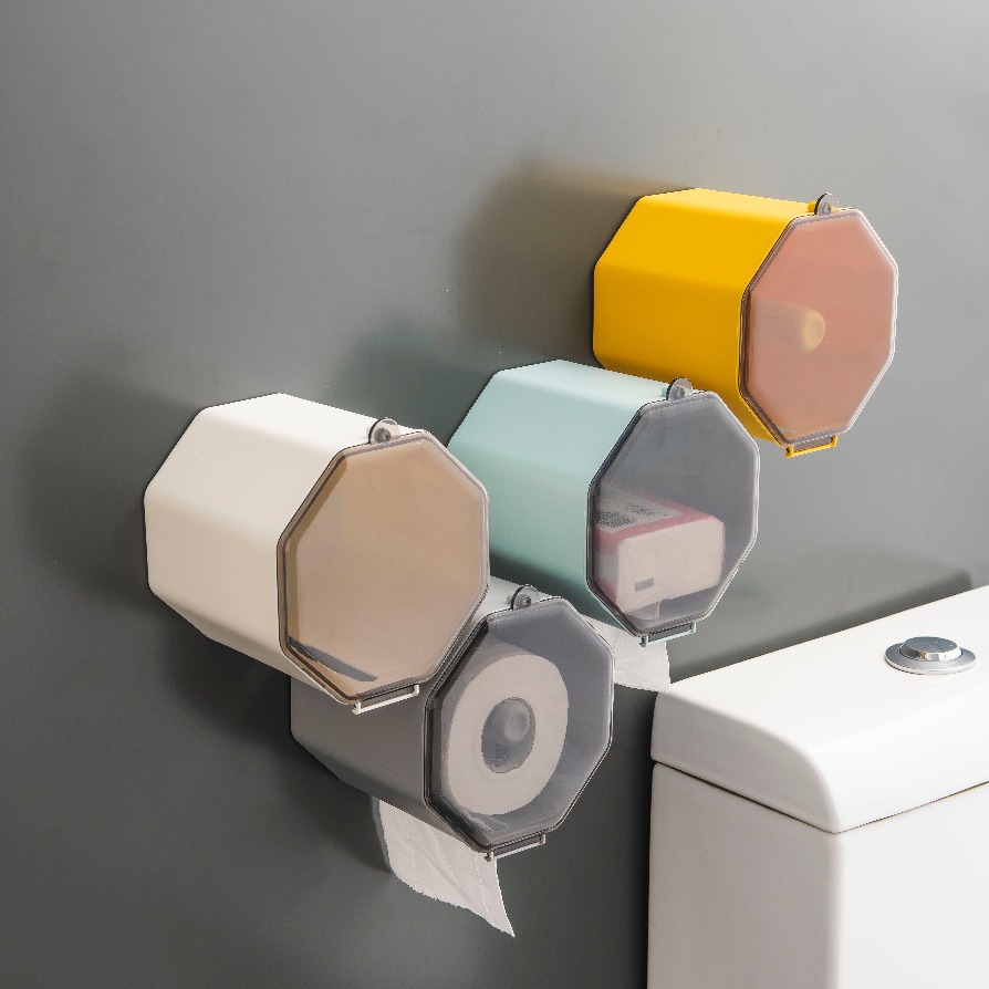 Caja de pañuelos para colgar en la pared del baño Soporte en rollo de papel sin perforación Soporte de papel higiénico impermeable Estante de almacenamiento multifuncional