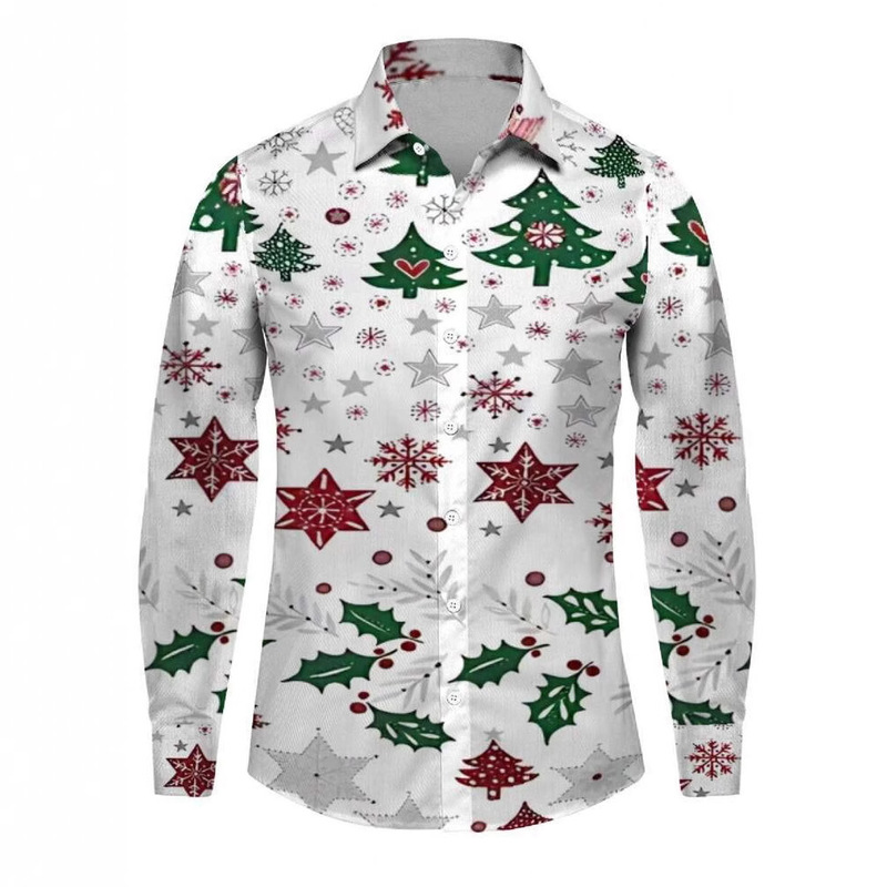 2025 Cross-Border 3D Christmas Tree Print Casual Loose Large Size Men's Long-Sleeved Shirt Interesting Lapel Cardigan Shirt