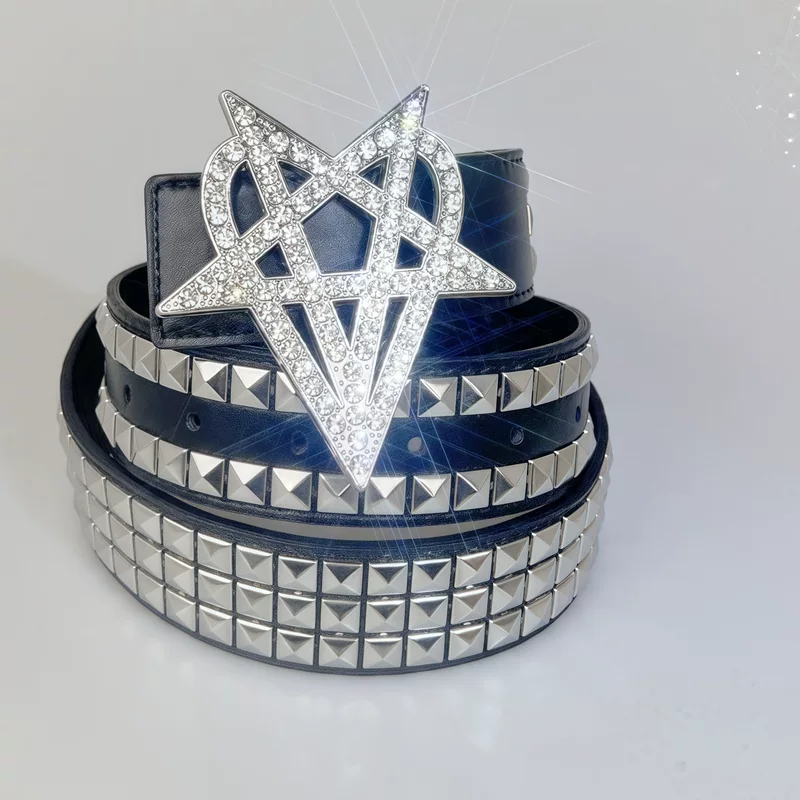 Ремень punk style, пряжка со стразами 2 карата, европейский стиль — чёрный 115/120 см