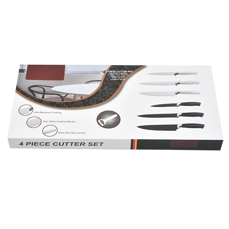 Fábrica en stock mango de malla de siete piezas cuchillo de acero negro cuchillo de queso hueco cuchillo de cocina traje de regalo caja de color