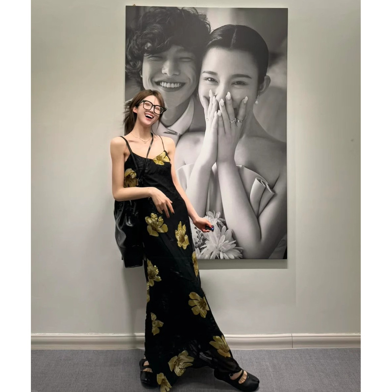 Chiffon Interior Floral Dress with Strap dress Chiffon Dress Slim-fit Waist Slimming Elegant Long Dress for Women in Summer