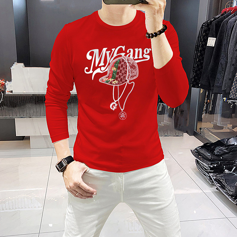 2024 Spring Autumn New Men's Long Sleeve T-Shirts Luxury Round Neck Shirts Hat Rhinestone European Men's Tops Slim Fit Trendy Shirts Men_voghion.com