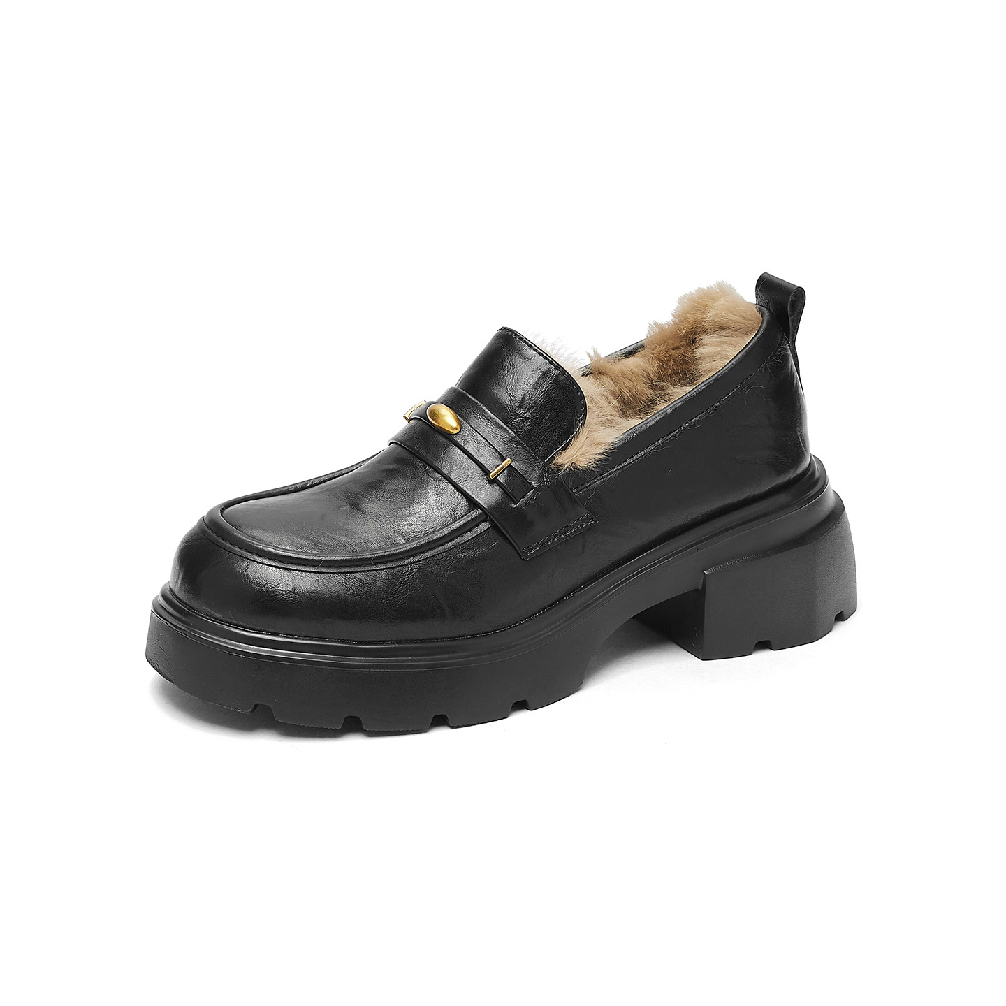 Augu Lion negro Lefour zapatos para mujeres 2025 nuevos zapatos de invierno de estilo británico zapatos de cuero pequeños zapatos de algodón peludo