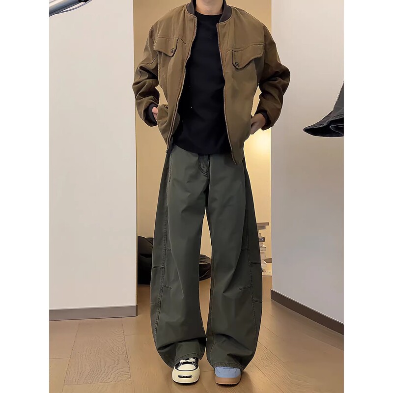 Army Green Men's Autumn American High Street Wide-Leg Work Pants Cleanfit Straight Casual Trousers Army Green Men's Autumn American High Street Wide-Leg Work Pants Cleanfit Straight Casual Trousers