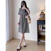 复古亚麻麻料气质棉麻连衣裙黑白格子宽松休闲中长款裙子女G0812L