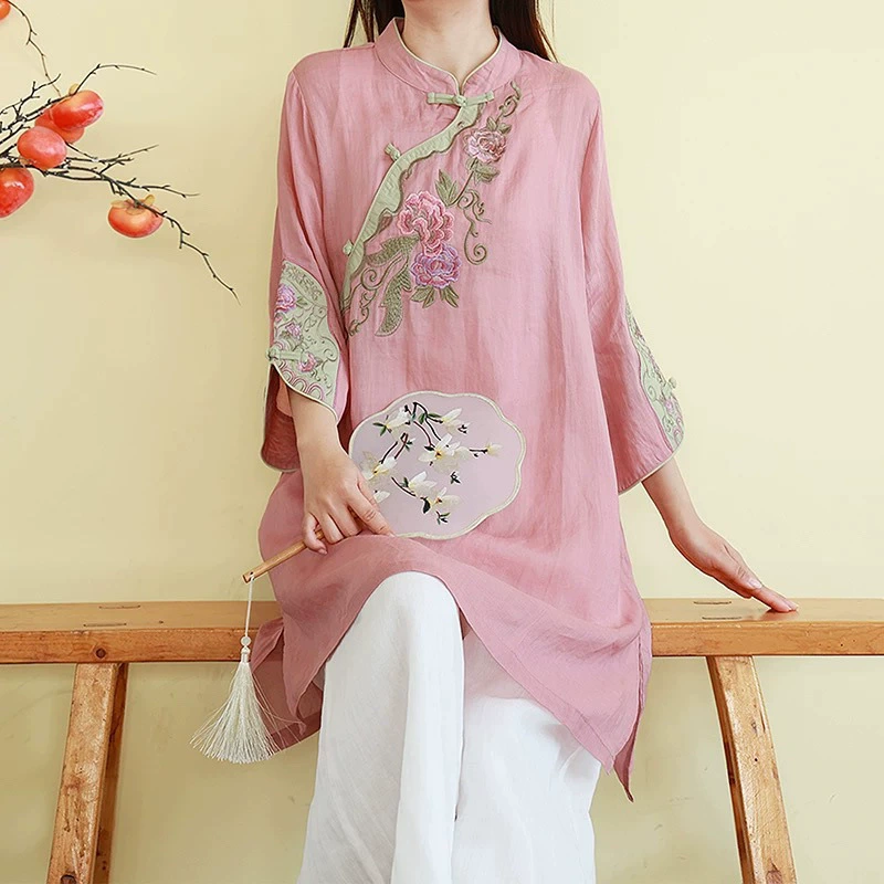 Рубашка в стиле ретро Республики Китай из чистого рами с вышивкой, женская весенне-летняя рубашка средней длины с воротником-стойкой, свободный чайный костюм в стиле дзен
