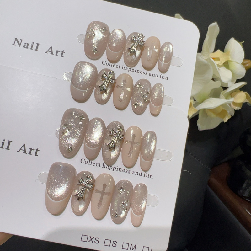 【Pink Tone Chrome】Star-Shaped Cross Sweet Cool Style Nude Color Clear Diamond Decoration Niche Design Light Luxury Nail Art