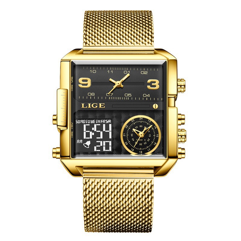 LIGE 8925SS nuevo cinturón de malla placa cuadrada doble pantalla personalidad creativa electrónica de cuarzo reloj de hombre fresco