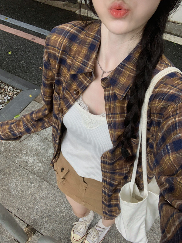 红人馆格子衬衫女秋季高级感chic别致上衣法式宽松咖色慵懒风衬衣|undefined