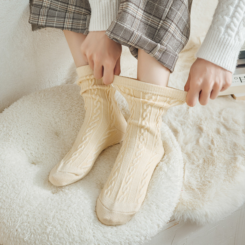 麻花模様のウールソックス、女性用、秋用、カシミヤ混、厚手、暖かい、黒のロングソックス、綿のパイルソックス、女性用、冬用、甘いスタイル|undefined