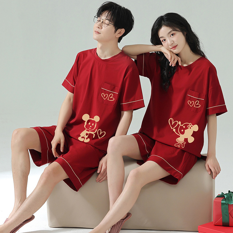 Groom and Bride Wedding Pajamas, Newlywed Couple Set, Wedding Pure Cotton Short-Sleeved Men's and Women's Home Wear, Couple Style