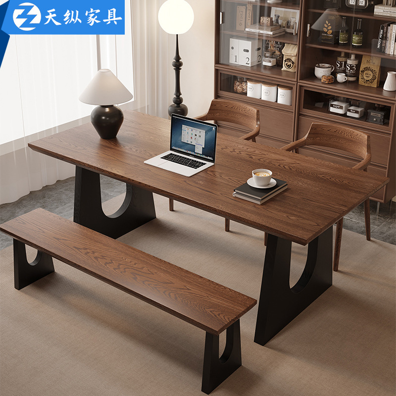 天縱美式實木辦公桌2人位台式電腦桌臥室家用書桌學生學習桌4人位