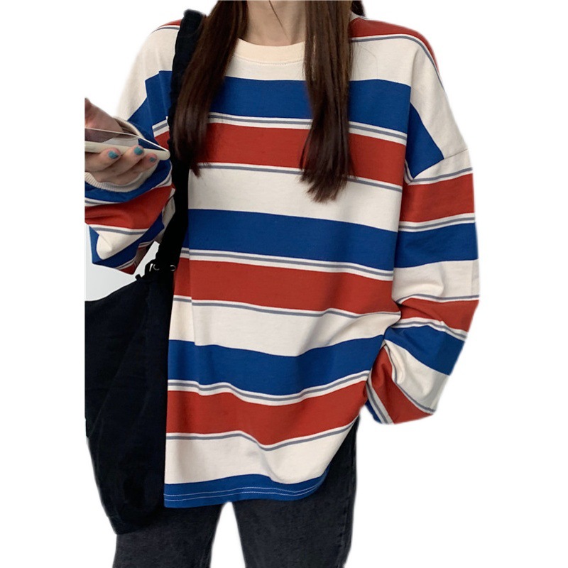 Cuello redondo suéter rayado colorido Otoño de las mujeres de manga larga Camiseta casual suelta ins moda suéter chaqueta al por mayor