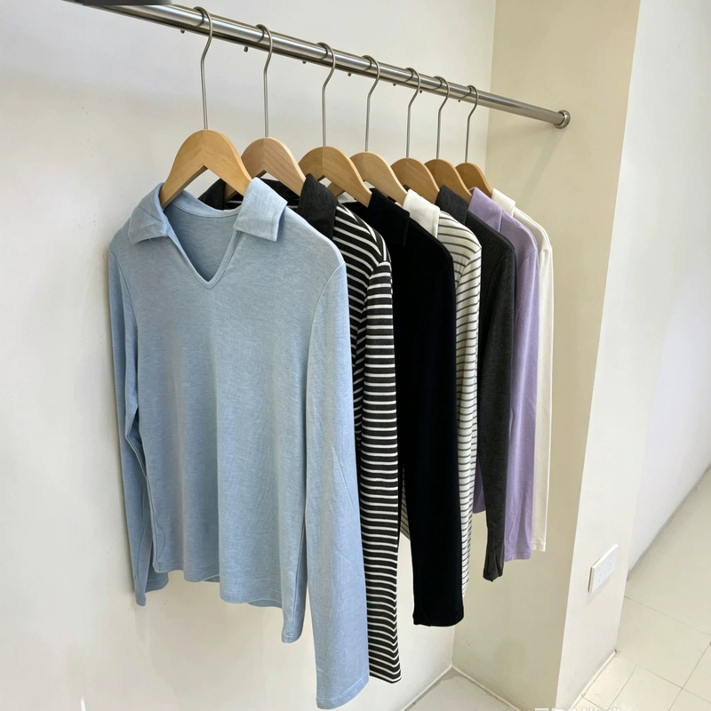 Tencel Acetate Wool Women's Base Shirt with Turn-down Collar, Stylish Long-sleeve T-shirt, Autumn/Winter Striped Skin-friendly Slim-fit Knitwear Tencel Acetate Wool Women's Base Shirt with Turn-down Collar, Stylish Long-sleeve T-shirt, Autumn/Winter Striped Skin-friendly Slim-fit Knitwear