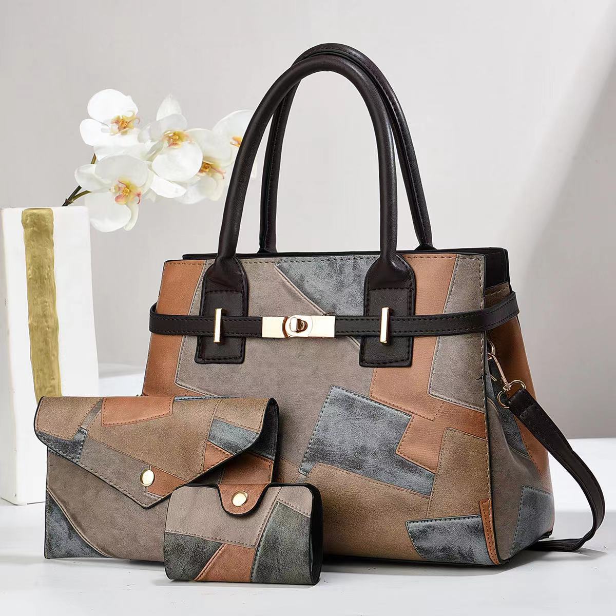 All Seasons Season Women's Gender Women's Pu Leather Color Block Elegant Classic Style Square Zipper Bag Sets Tote Bag