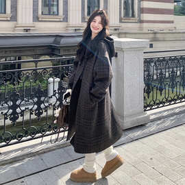 【意法】梦玫2024冬韩系休闲风高级感连帽格子毛呢外套加厚呢大衣