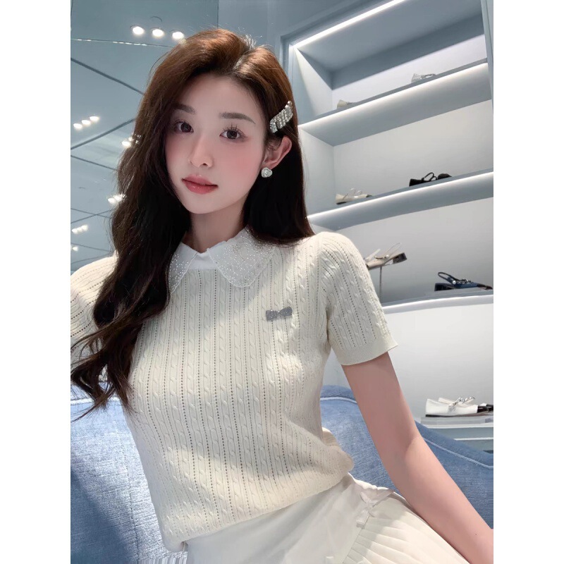 Gray Doll Collar Right Shoulder Short-sleeved T-shirt for Women Summer Design Niche Slim Fit Super Nice Short Knitted Top