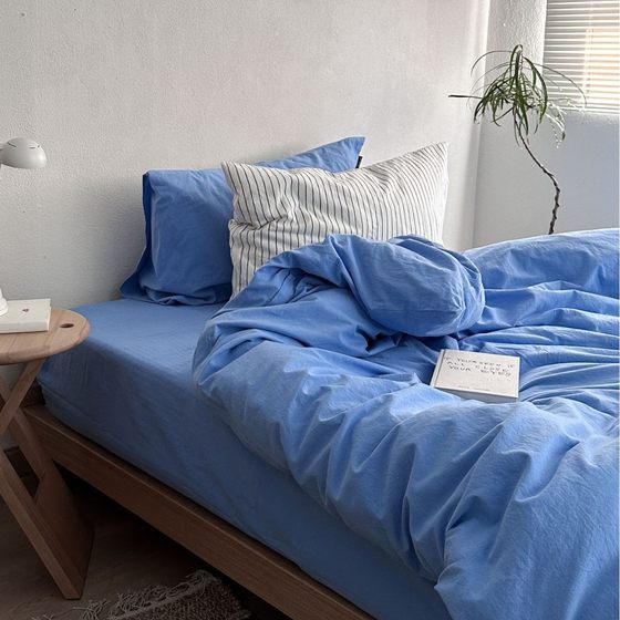 Simple Blue Mix Cotton Washed Cotton Four-piece Set Ins Style Nordic Pure Cotton Bed Sheet Quilt Cover Dormitory Three-piece Set