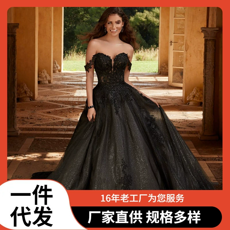 2025 внешняя торговля трансграничное европейское и американское женское платье с блестящей кружевной аппликацией без бретелек с длинным шлейфом, свадебное платье.