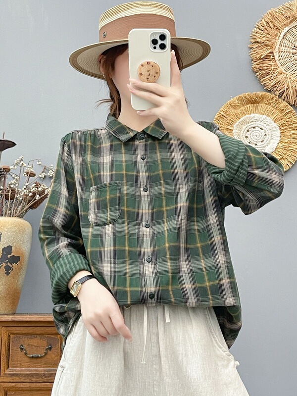 Double-layer cotton gauze long-sleeve plaid shirt for women, vintage and artistic style, two-tone yarn-dyed pure cotton, soft and skin-friendly, loose-fitting shirt Double-layer cotton gauze long-sleeve plaid shirt for women, vintage and artistic style, two-tone yarn-dyed pure cotton, soft and skin-friendly, loose-fitting shirt