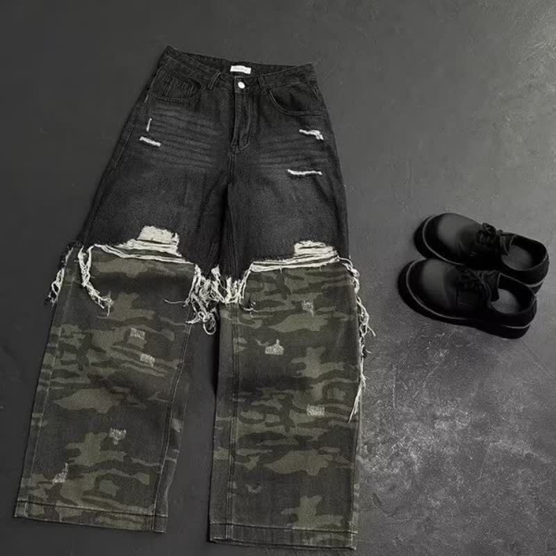 Men's Streetwear Distressed Denim Pants Baggy Ripped Jeans Camouflage Patchwork Layered Fake Two-Piece Design_voghion.com