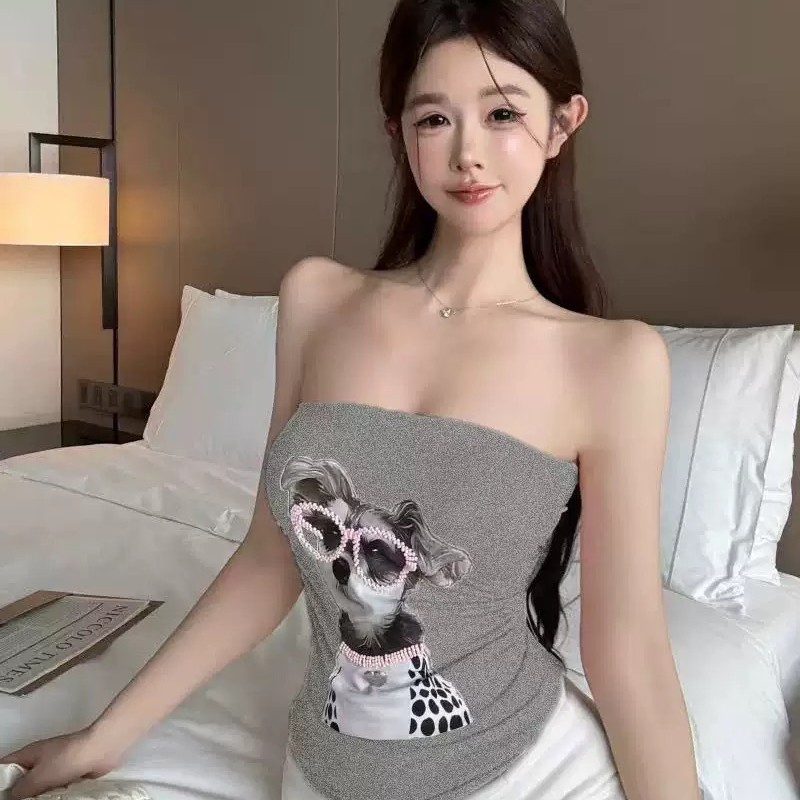 Verano nuevo estilo puro deseo dulce impresión de cachorro de dibujos animados de una palabra top de tubo todo fósforo pantalla clavícula fijo almohadilla para el pecho
