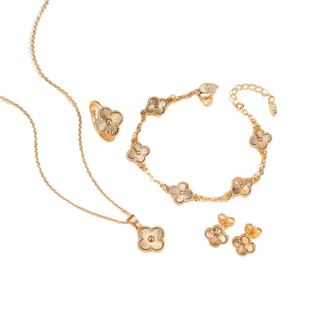 Lucky Clover collar pulsera pendientes de diamante conjunto de anillo de alta calidad bronce oro joyería de cuatro piezas conjunto de mujeres