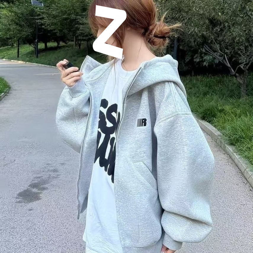 秋冬新款国潮连帽开衫加绒外套女BF风学生小个子宽松慵懒刺绣卫衣