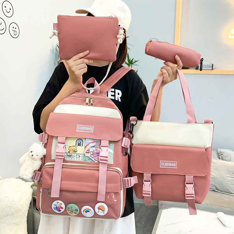 ins canvas Backpack Korean Edition Use 4 sets knapsack Harajuku Campus Middle and high school student schoolbag