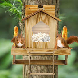 木制松树喂食器户外小动物野餐桌实木花园装饰花栗鼠松鼠屋带梯子