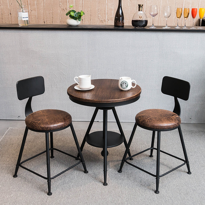 Vintage Solid Wood Small Round Table Leisure Milk Tea Shop Negotiation Table and Chair Combination Simple Iron Balcony Small Round Table Three-piece Set