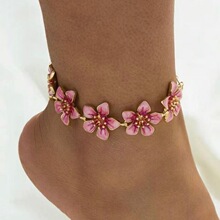 欧美风粉色樱花脚链女 滴油花朵设计感小众 度假风百搭脚踝链跨境