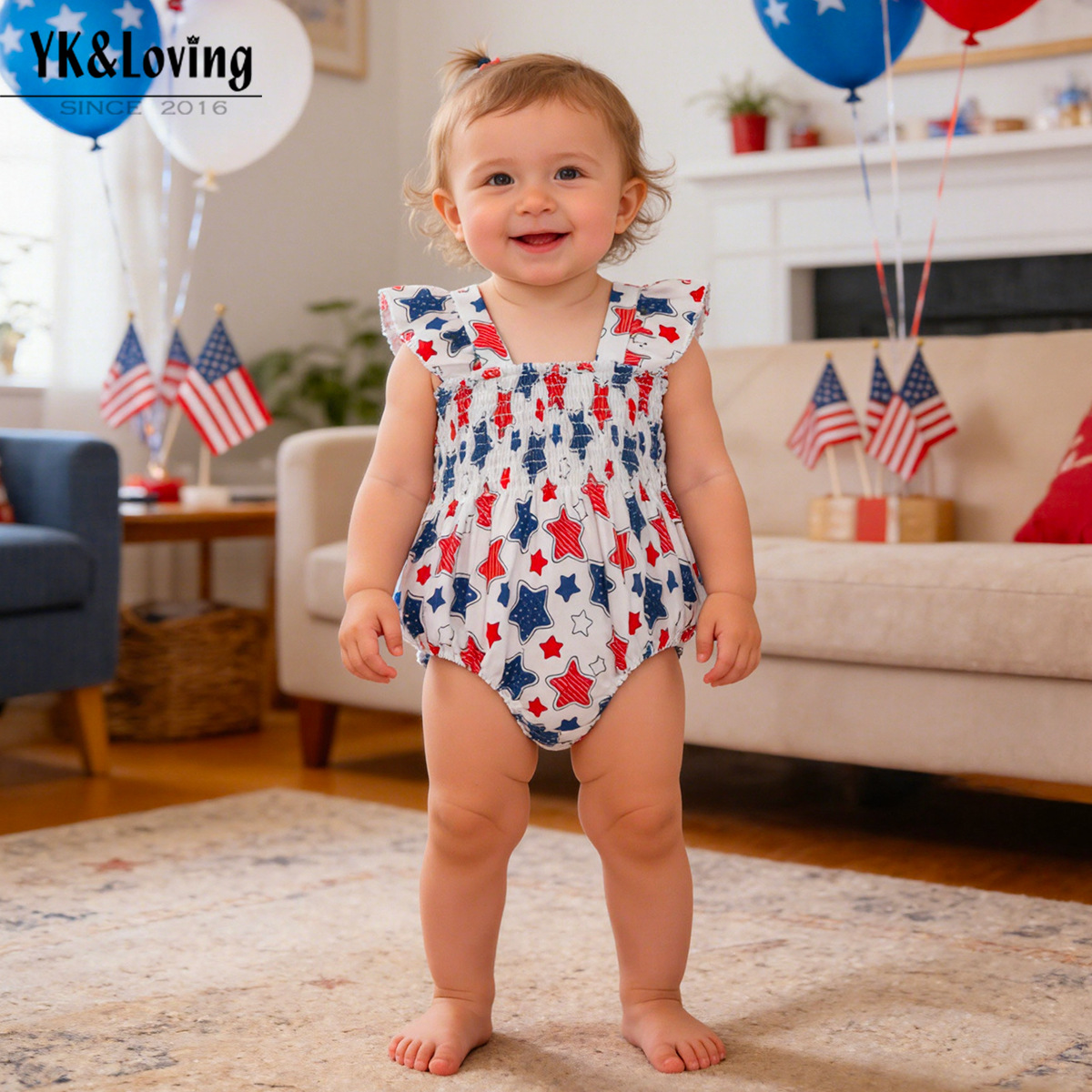 Cross-Border Baby Independence Day Star Print Romper for Girls with Flutter Sleeves, Square Neck, Ruched Design, Holiday Party Jumpsuit