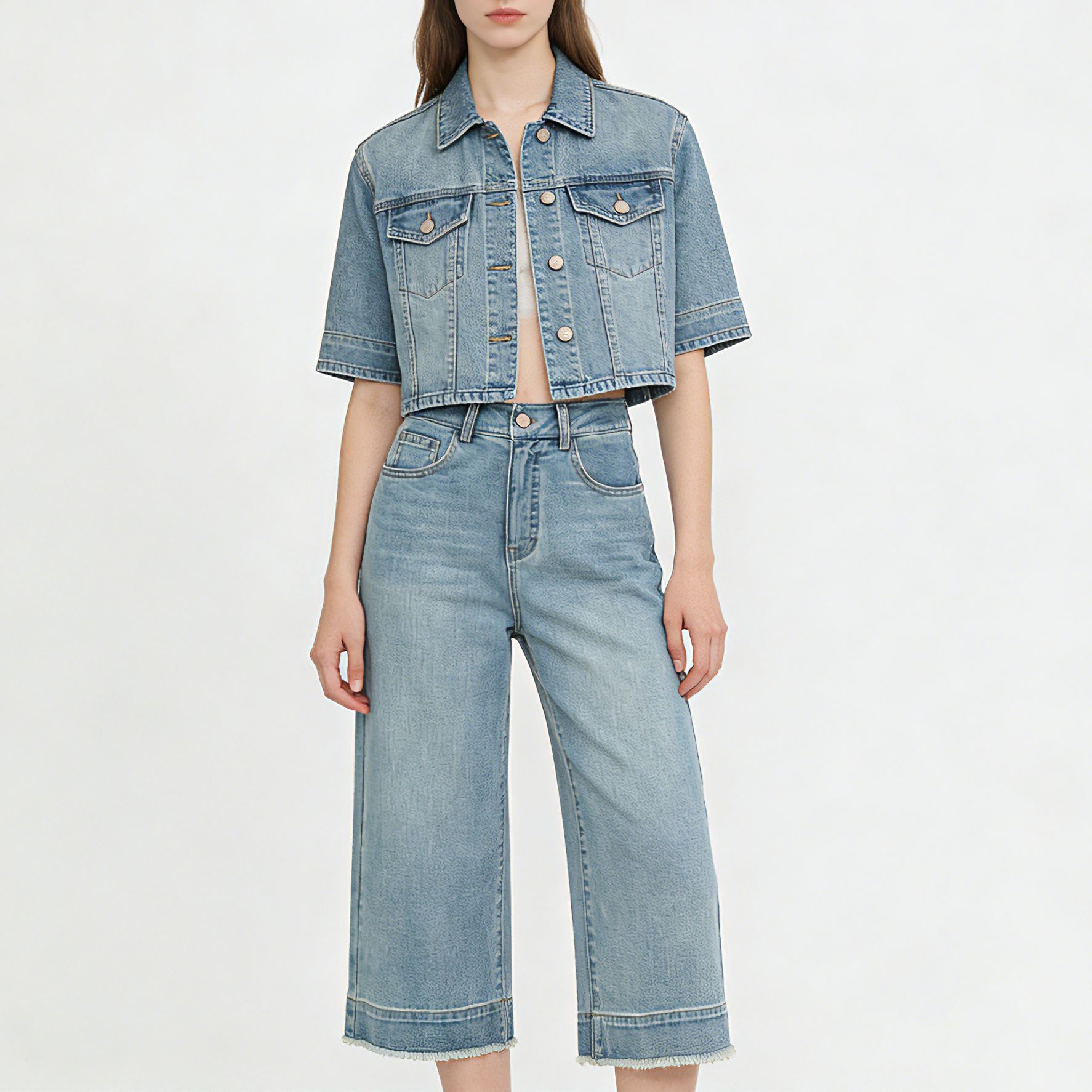 Quần jean nữ ống rộng cạp cao, chất liệu cotton pha linen mỏng nhẹ, dáng suông rủ, gấu tua rua — xanh lam chi tiết 1