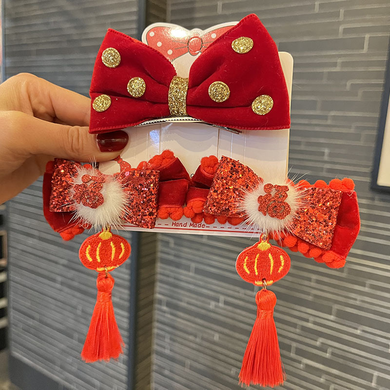 喜庆儿童蝴蝶结发夹新年拜年流苏汉服对夹中国风红色女童头饰批发