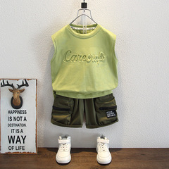 男童夏季背心套裝時髦兒童炸街薄衣服2024新款洋氣寶寶工裝短褲潮