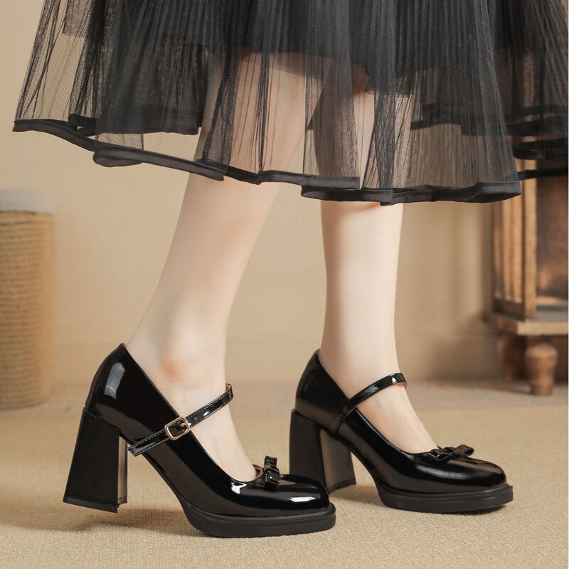 in stock Size 32 French Style Women's Thick-soled High Heel Thick Heel Shallow Bow Buckle Single-layer Shoes All-match Mary Jane Shoes in stock Size 32 French Style Women's Thick-soled High Heel Thick Heel Shallow Bow Buckle Single-layer Shoes All-match Mary Jane Shoes