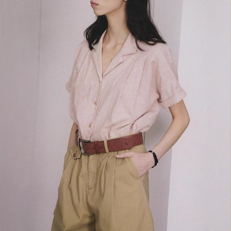 Summer Bi Entry~High-Density Organic Cotton Raglan Rolled Edge Sleeves Cuban Collar Stripesd Short-Sleeved Shirt for Women New Style