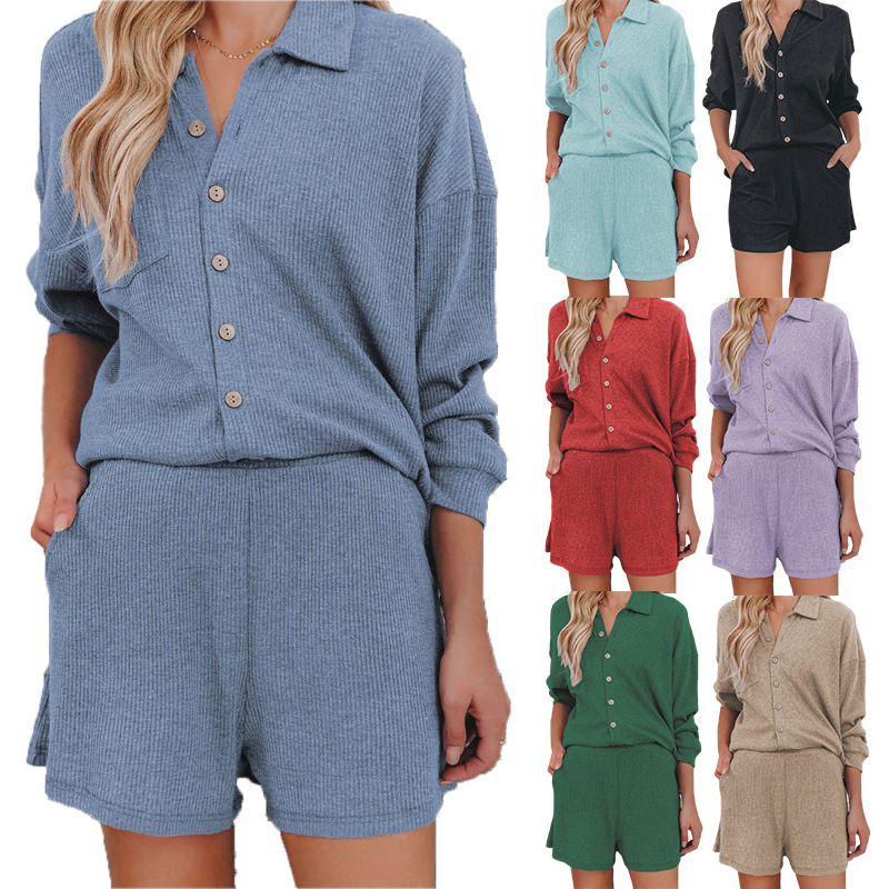 Einfarbiges Homewear-Set mit Button-Down-Kragen für Damen, lässige Mode_voghion.com
