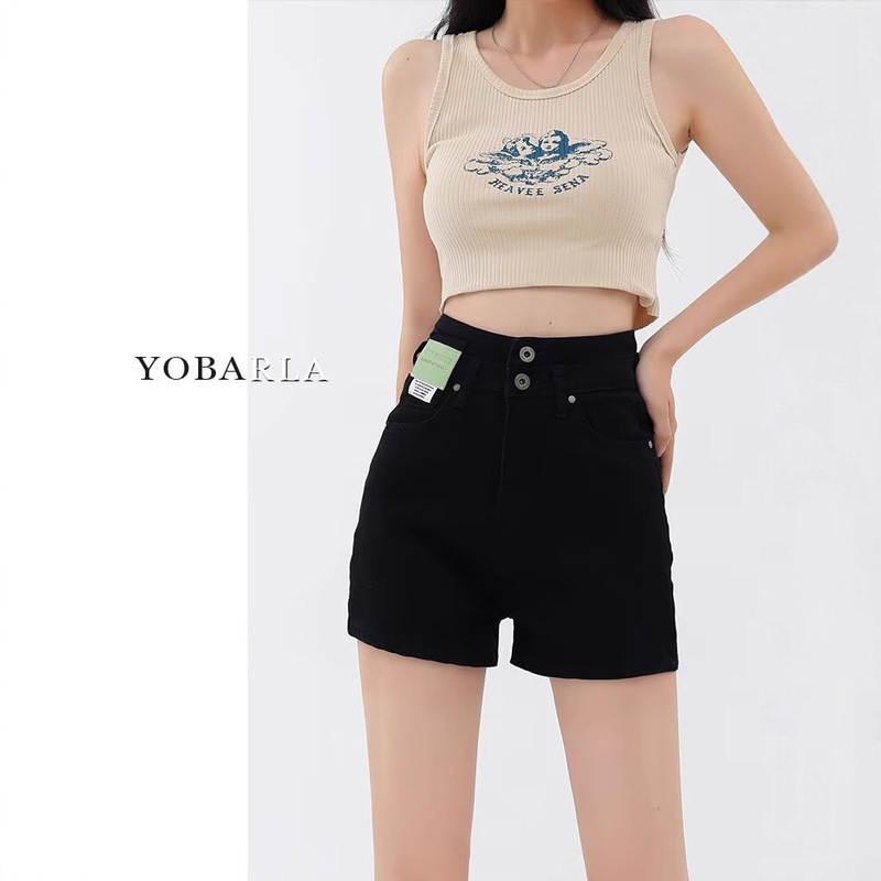 Summer Plus-Size Black Stretch Denim Shorts for Women, High-Waisted, Flattering for Curvy Figures, A-Line Hot Pants