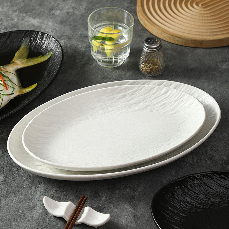 シンプルな石紋陶磁器皿楕円魚皿超大サイズ蒸し魚皿家庭用精緻料理皿釉薬下彩耐高温|undefined