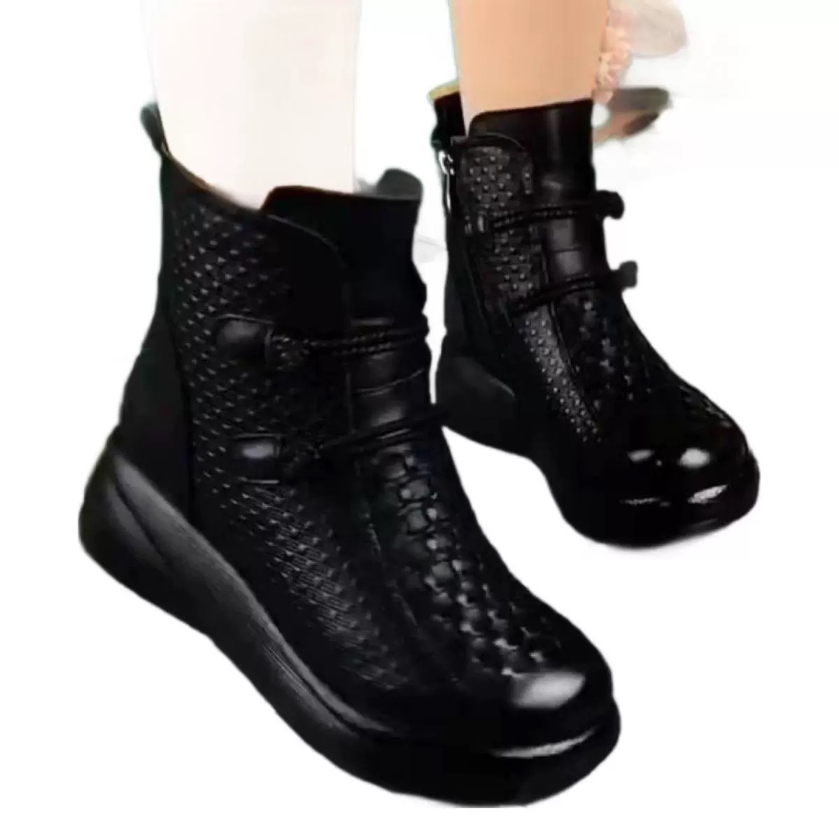 ShoeVault 2024 Short For Women Leather Round Toe Autumn Winter Soft Sole Fleece Lined Warm Mom Shoes Ethnic Style Retro Cotton_vogvips.com