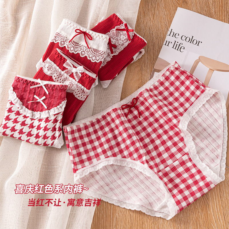 5A pantalones completos antibacterianos ropa interior de algodón puro rojo brillante Lolita ropa interior de mujer antibacteriana entrepierna vida calzoncillos de estudiante rojo image 4
