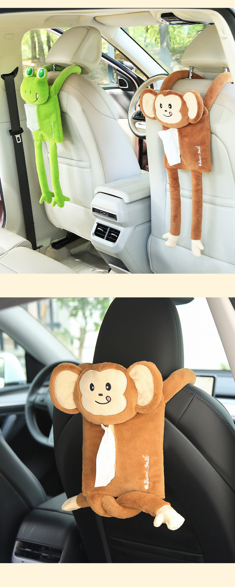 Cartoon Car Tissue Box Car Creative Tissue Bag Abstract Cute Monkey Frog Doll Chair Back Hanging Tissue Paper